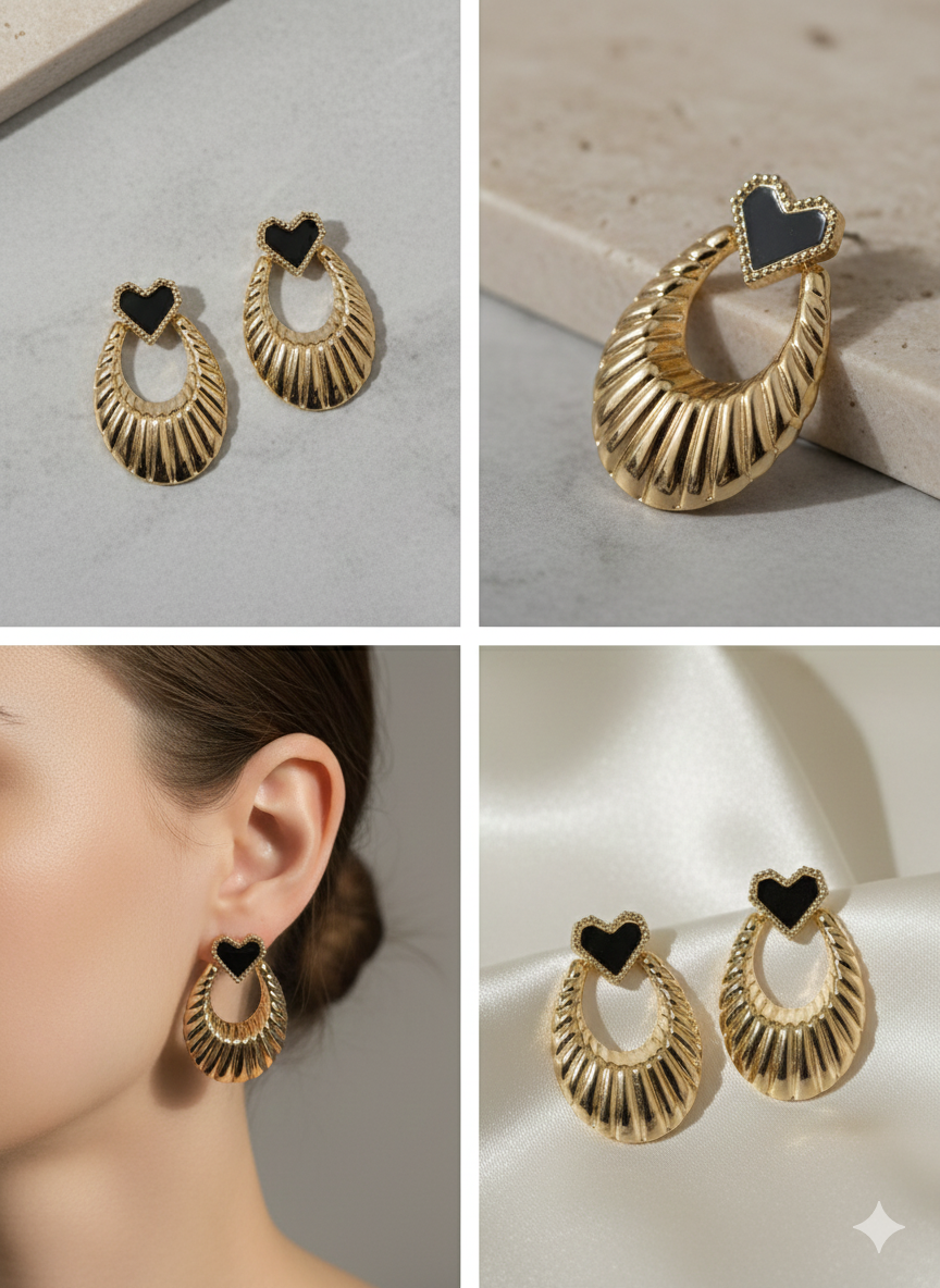 Vintage-Style Gold Stainless Steel Heart Earrings - Textured Shell Design