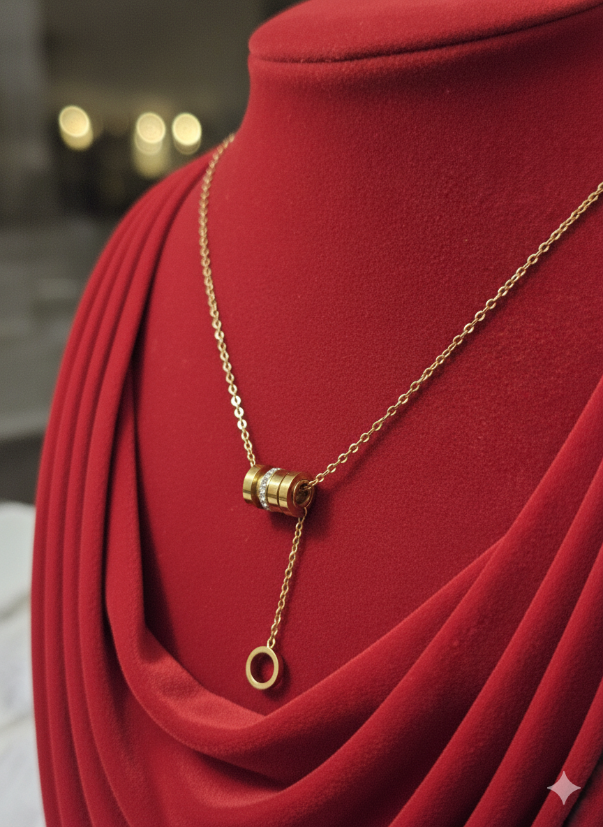 Eternal Cylinder Drop Lariat Necklace - 18K Gold PVD Plated 316L Stainless Steel