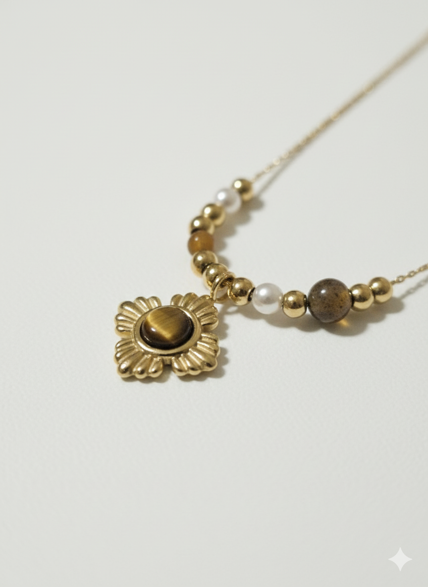 Stainless Steel Tiger’s Eye Sun Pendant Necklace - Gold Beaded Boho Jewelry