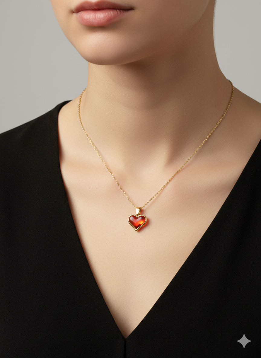 18K Gold Plated Vintage Minimalist Heart Necklace with Amber Glass