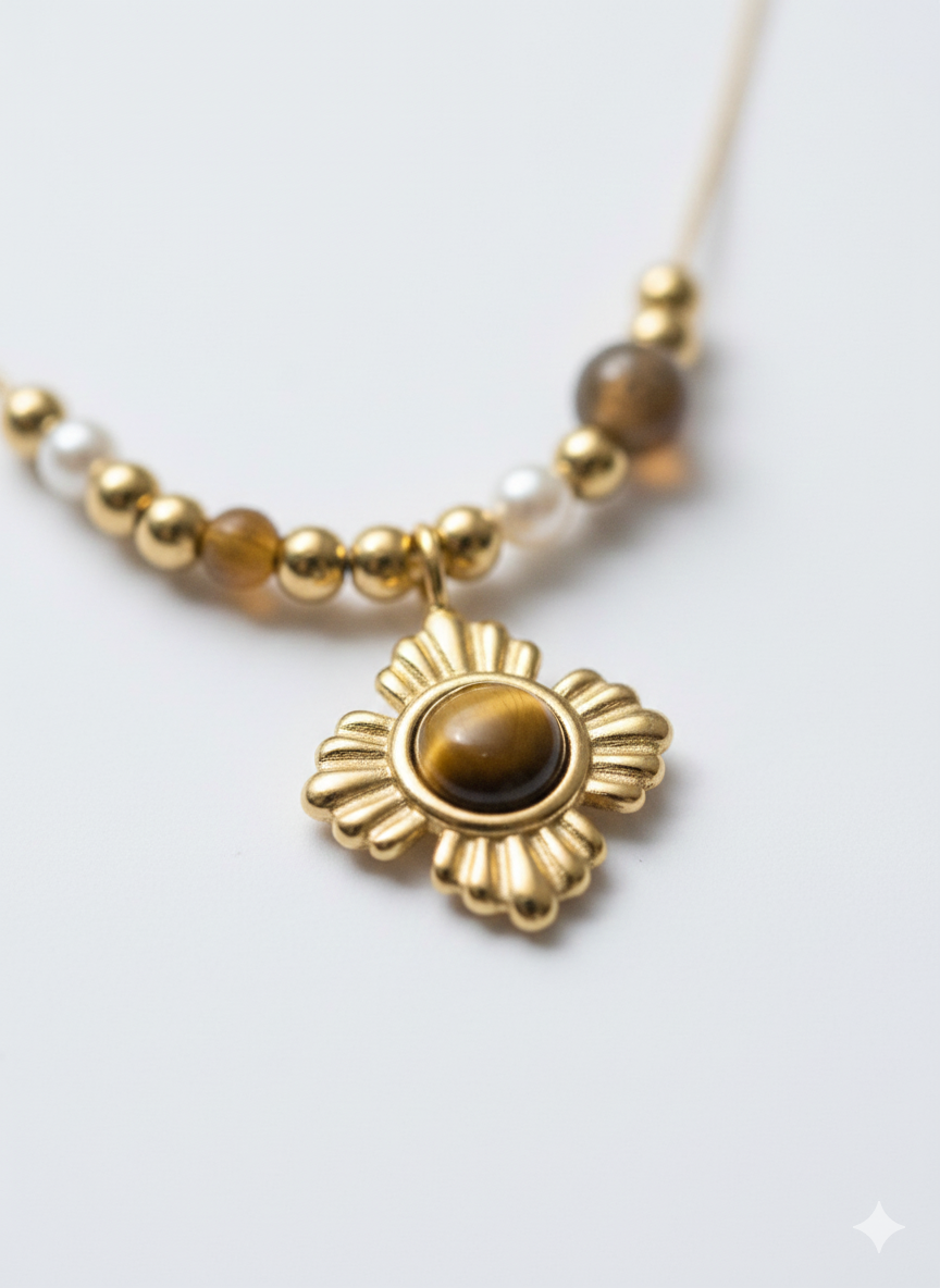 Stainless Steel Tiger’s Eye Sun Pendant Necklace - Gold Beaded Boho Jewelry