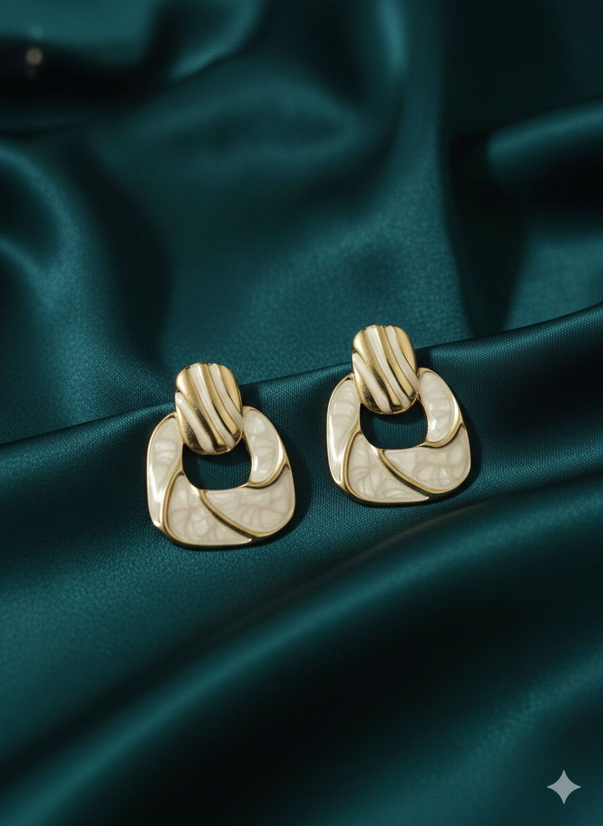 Art Deco Inspired Geometric Drop Earrings – 18K Gold Plated Stainless Steel – Ivory Enamel & Ribbed Gold Statement Studs – Vintage Elegance