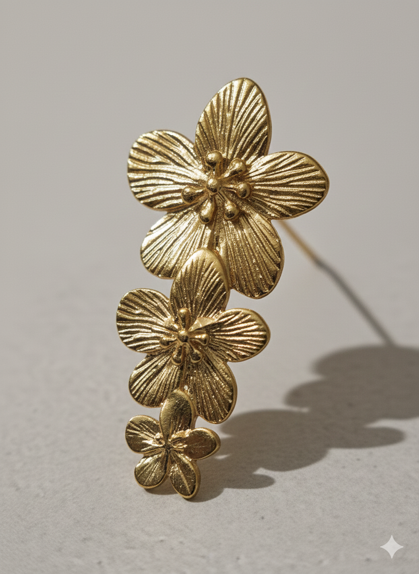 18K Gold Plated Minimalist Triple Floral Cascade Statement Earrings