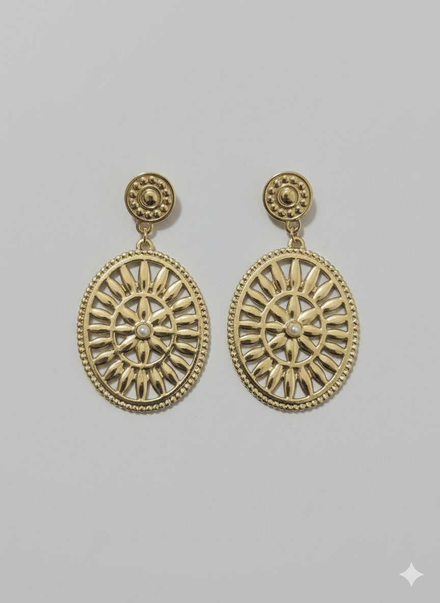 Vintage Gold Stainless Steel Sunburst Drop Earrings - Pearl Accent Jewelry