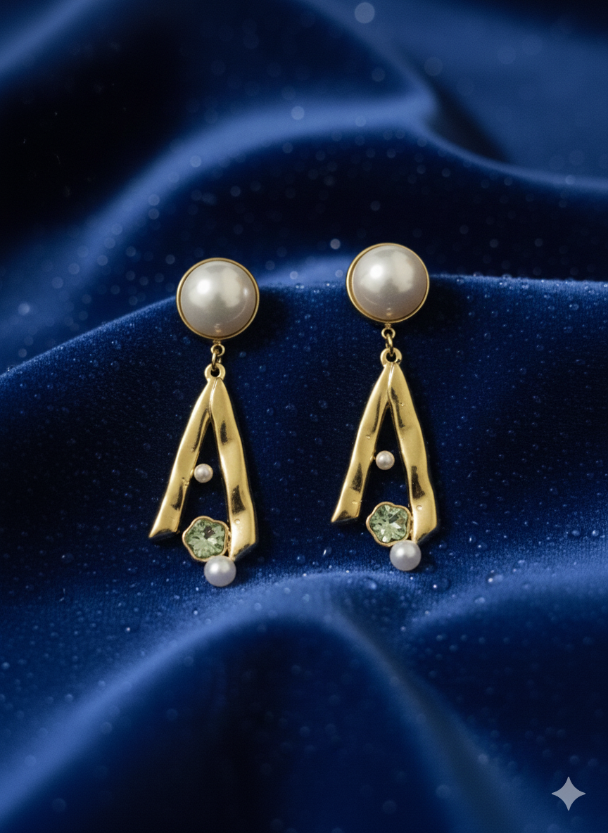 Abstarct Sculptural Drop Earrings | Pearl & Mint Crystal Stainless Steel