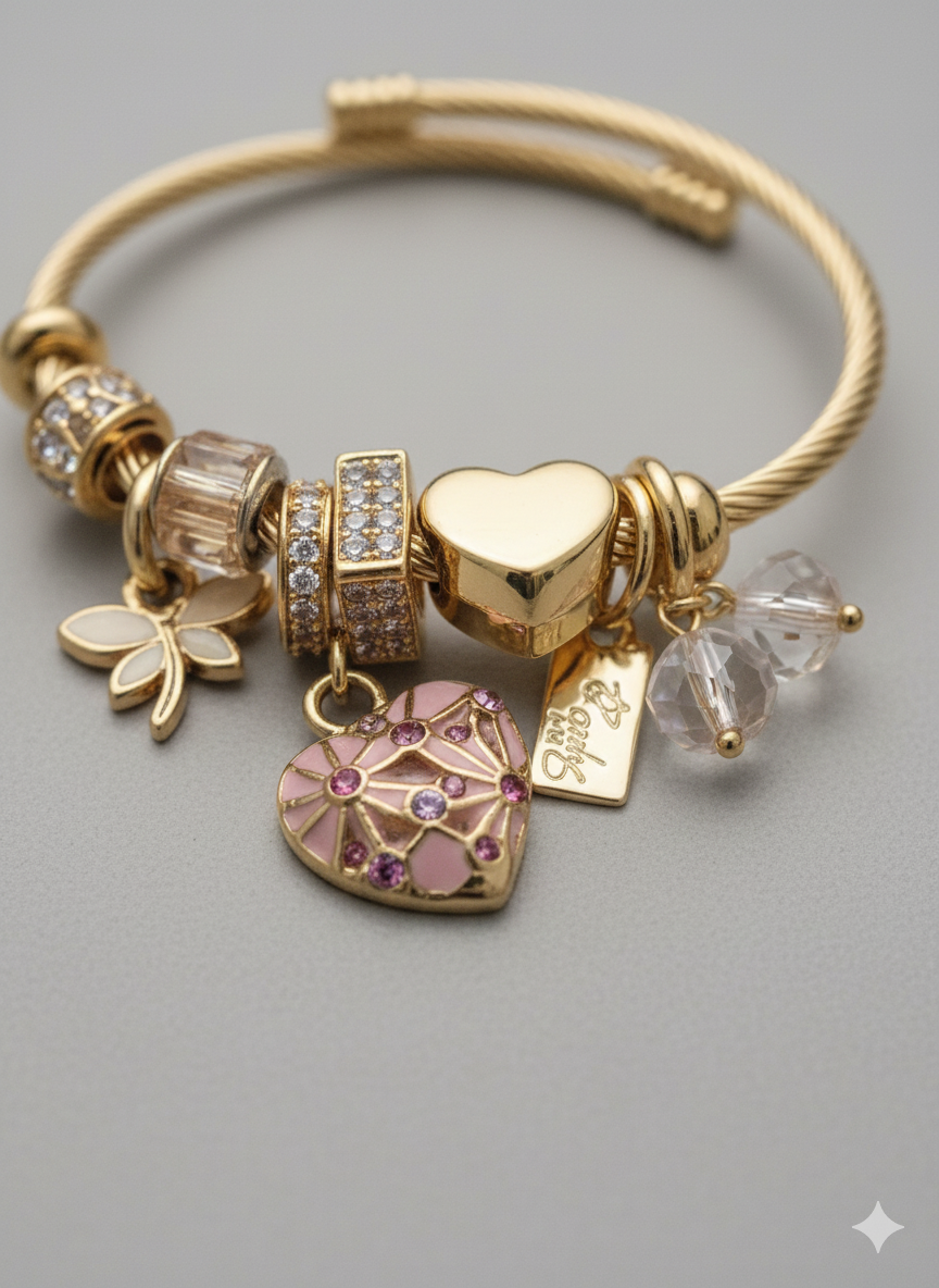 18K Gold Plated Stainless Steel Charm Bangle Bracelet - Tarnish-Free Heart & Crystal Set