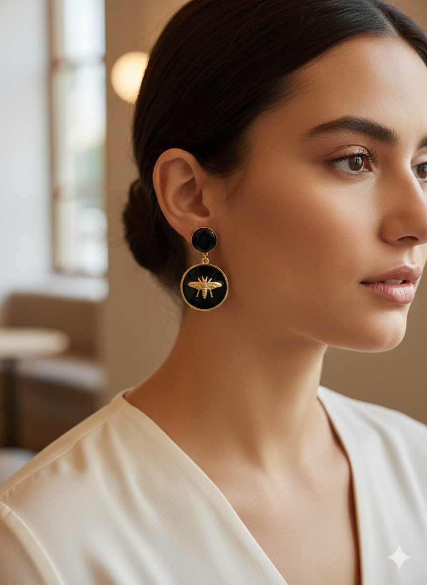 18K Gold Plated Vintage Statement Bee & Black Enamel Medallion Earrings