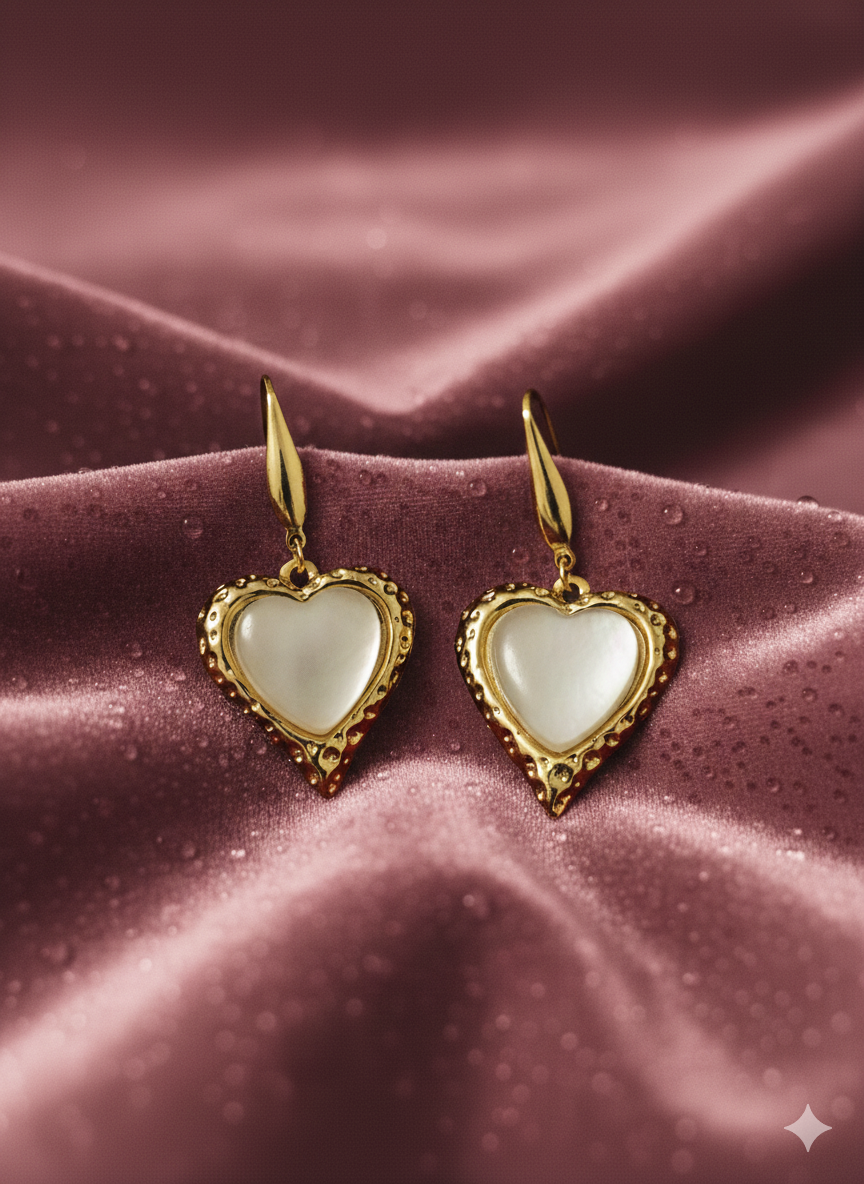 Vintage Mother of Pearl Heart Earrings | 18K Gold Plated Stainless Steel