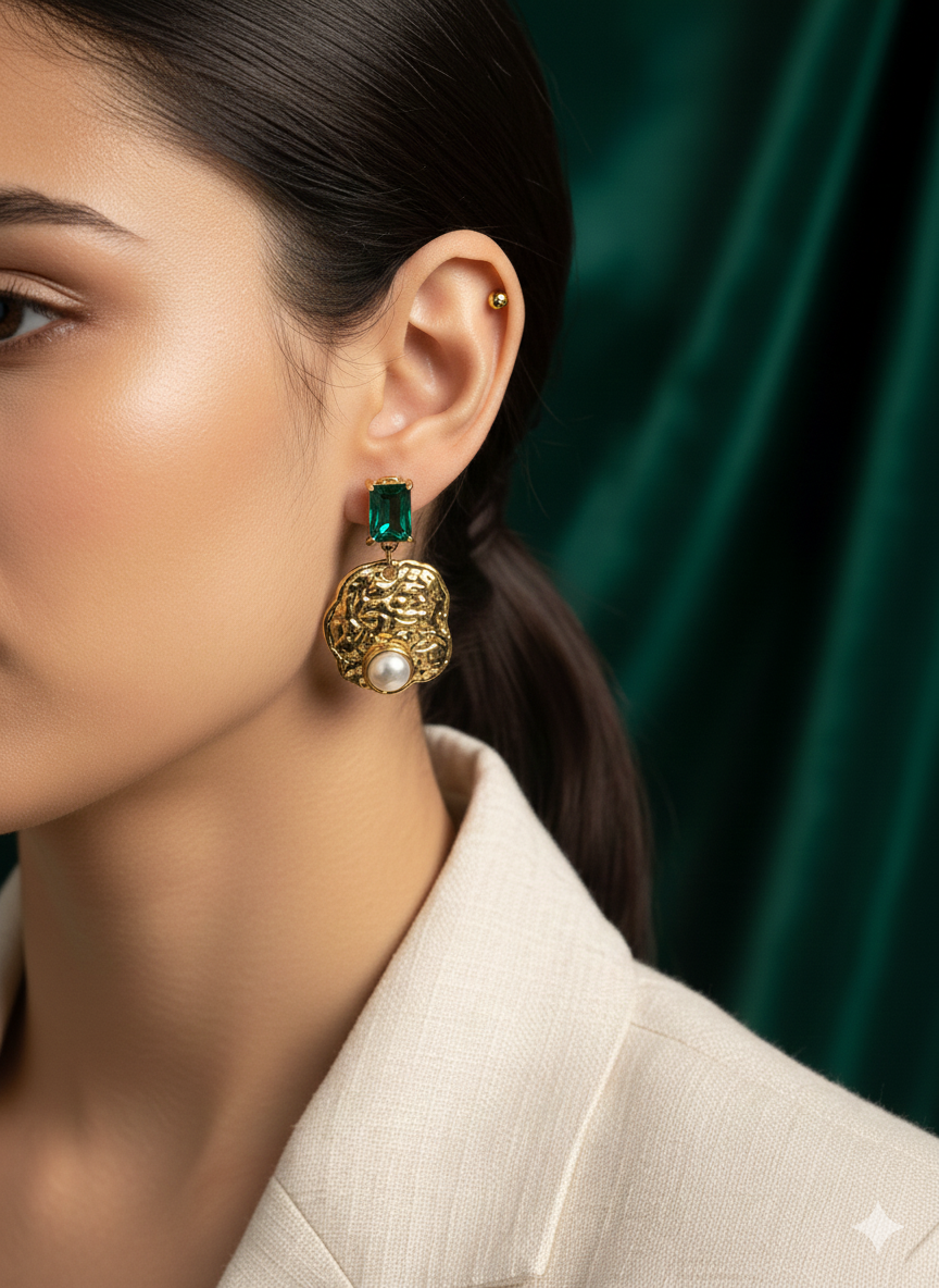 Vintage Emerald & Pearl Drop Earrings | Premium Gold-Plated Stainless Steel