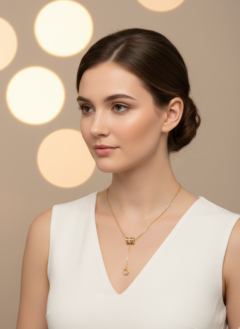 Eternal Cylinder Drop Lariat Necklace - 18K Gold PVD Plated 316L Stainless Steel