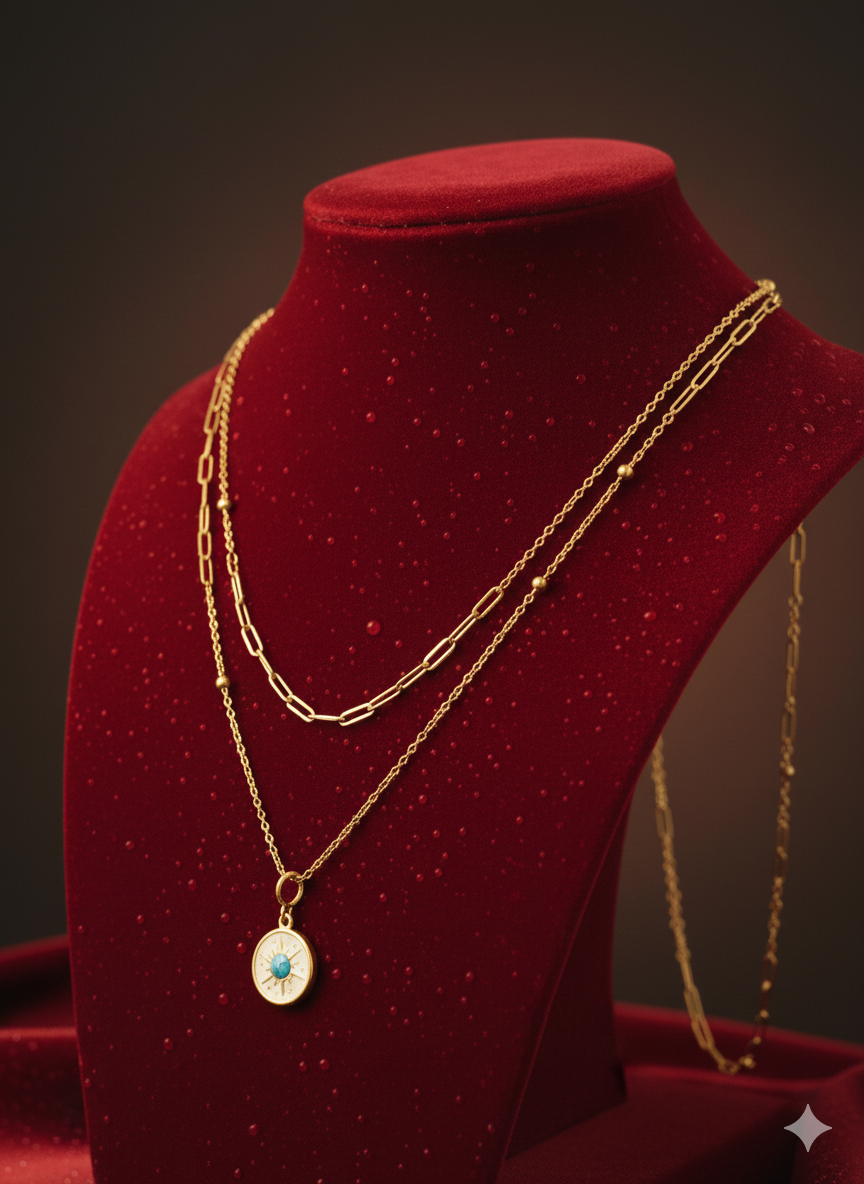 Celestial Double-Layered Sun Necklace | Turquoise Accent Stainless Steel