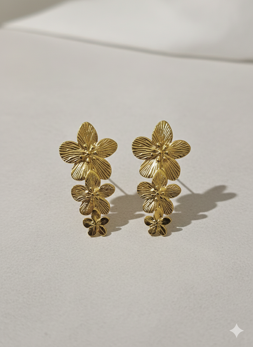 18K Gold Plated Minimalist Triple Floral Cascade Statement Earrings