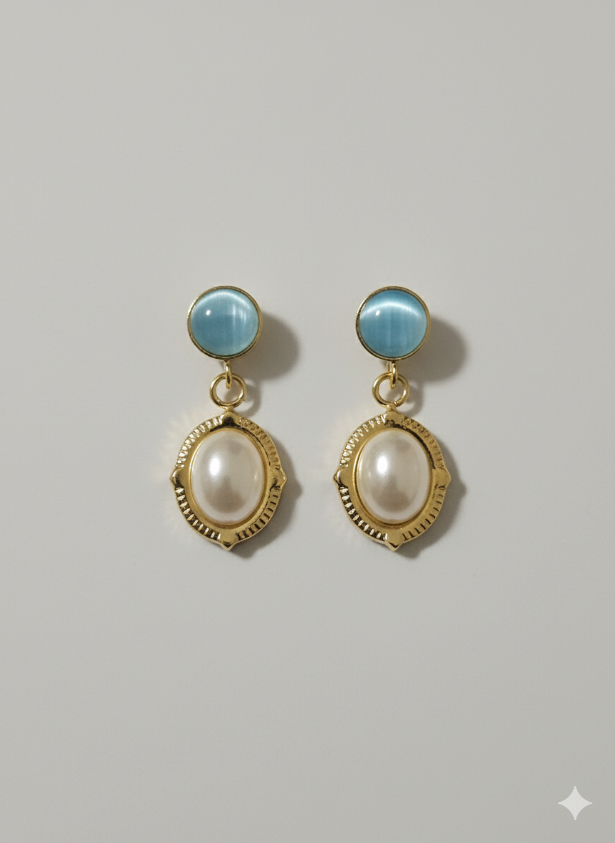 Azure & Pearl Vintage Drops – 18K Gold Plated Stainless Steel Earrings with Cat-Eye Resin