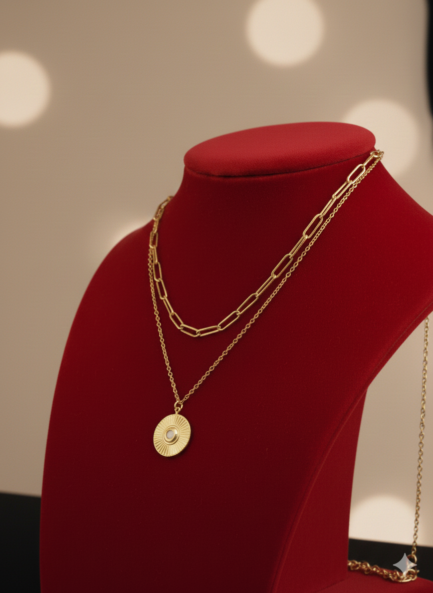 Layered Solstice Medallion & Paperclip Chain Set - 18K Gold PVD Plated 316L Stainless Steel