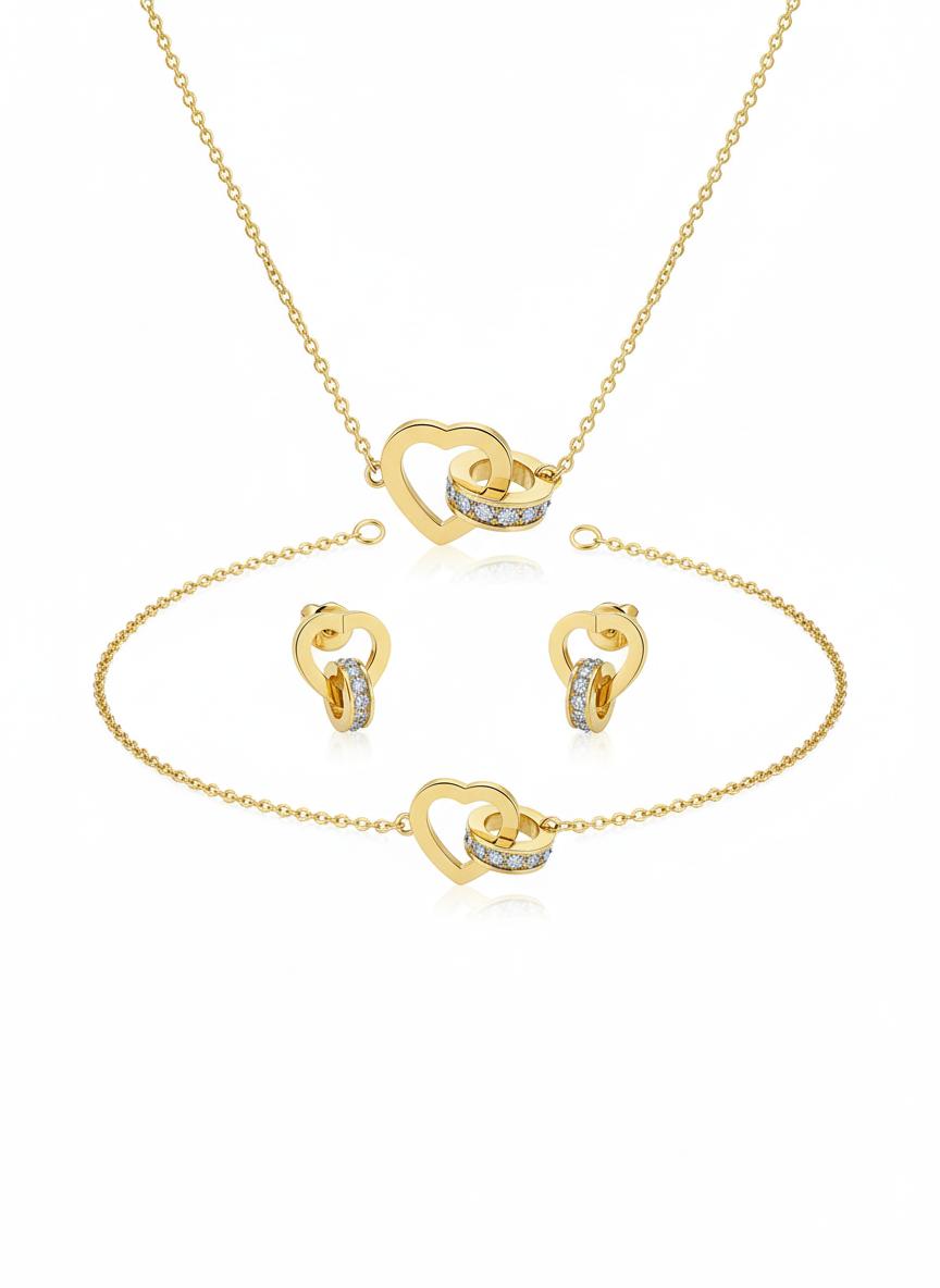 Luxury 18K Gold Plated Stainless Steel Interlocking Heart & Crystal Ring Jewellery Set – Necklace, Bracelet & Earrings