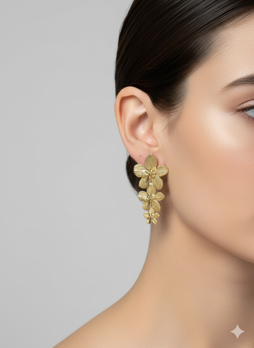 18K Gold Plated Minimalist Triple Floral Cascade Statement Earrings