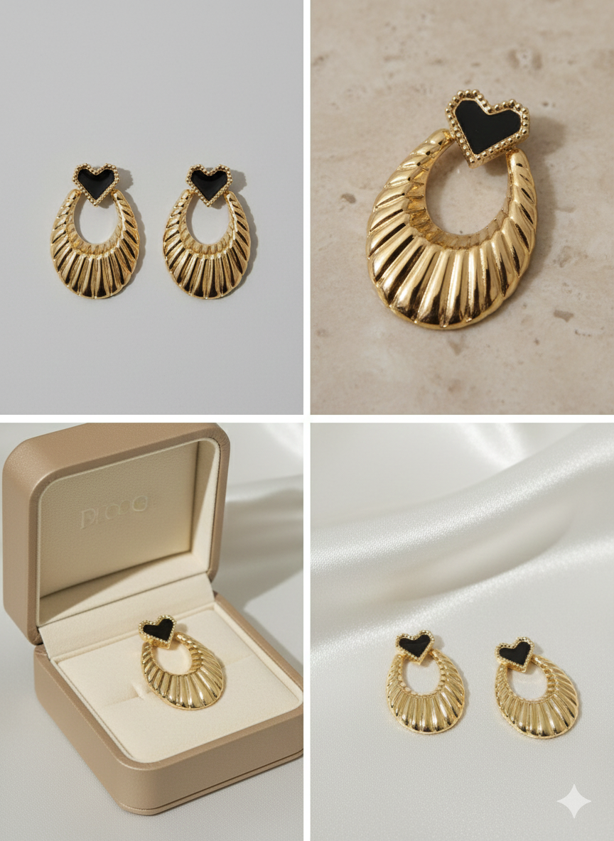 Vintage-Style Gold Stainless Steel Heart Earrings - Textured Shell Design