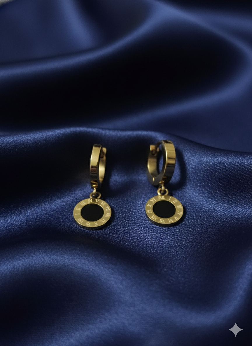Luxury Roman Numeral Drop Hoop Earrings – 18K Gold Plated Stainless Steel – Black Enamel Medallion Earrings – Elegant Timeless Jewellery