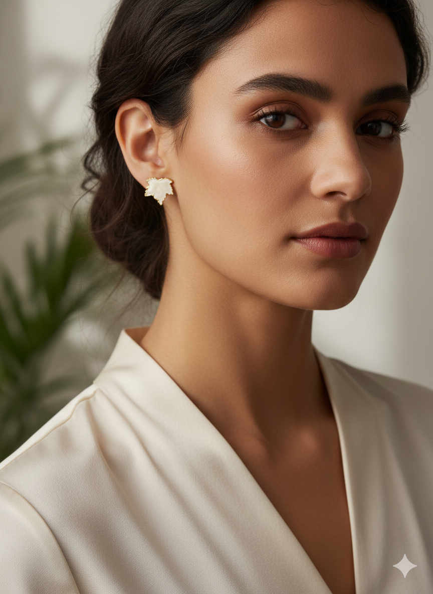 Vintage Maple Leaf Stud Earrings – 18K Gold Plated Stainless Steel – Pearlescent Ivory Enamel Botanical Jewellery – Elegant Autumn Statement