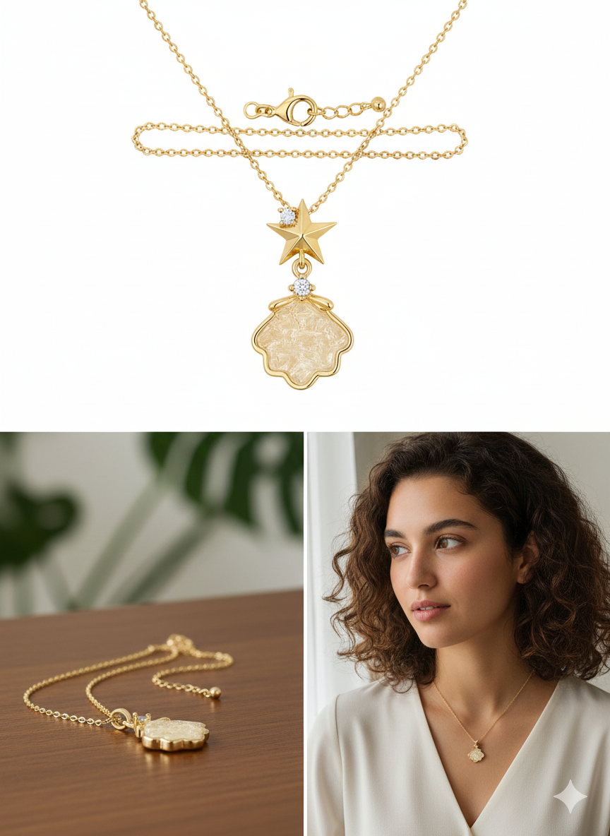 Elegant Celestial Shell Necklace - Gold Stainless Steel with Zirconia Accents