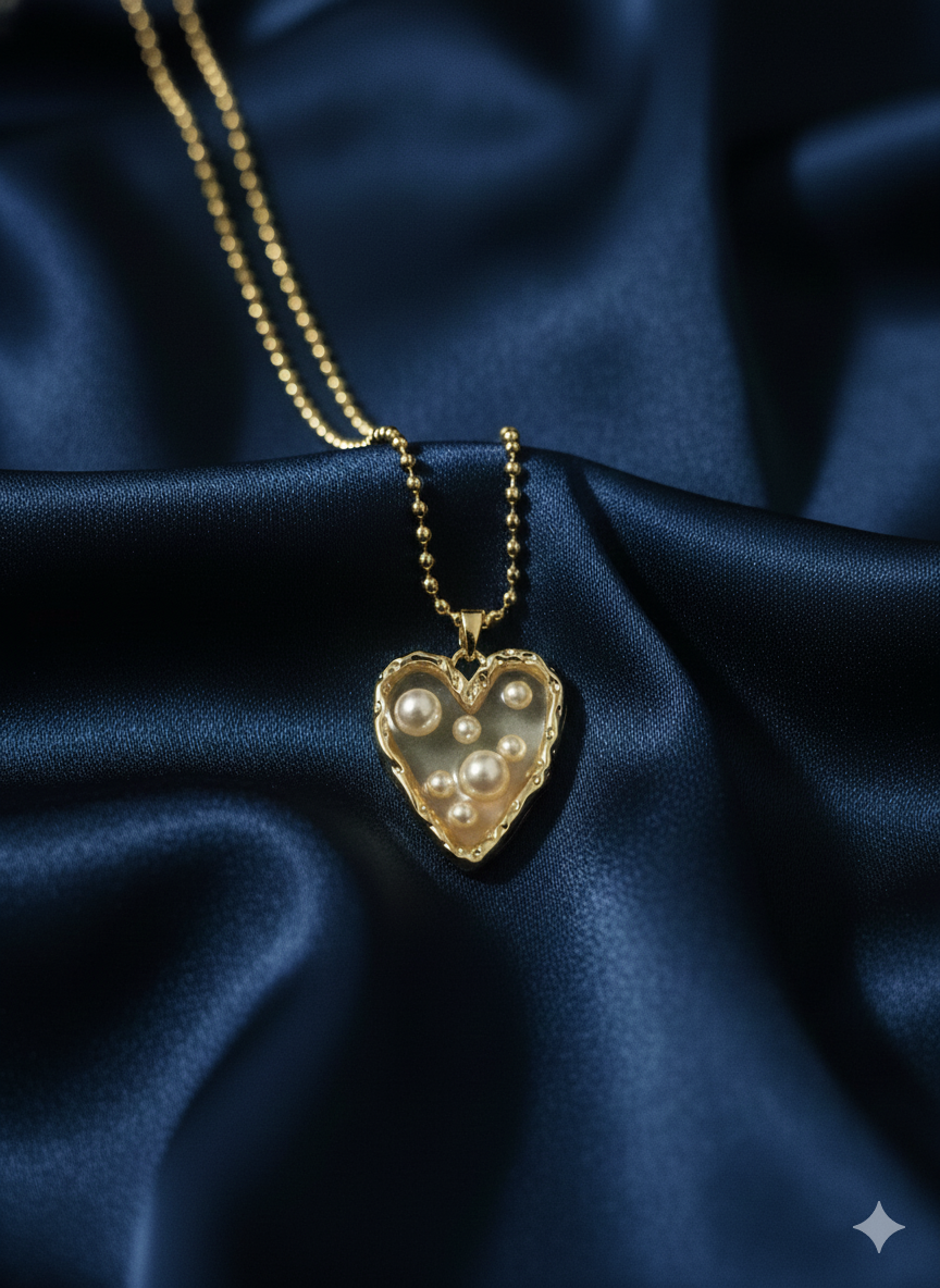 Vintage Enchantment Pearl Heart Pendant Necklace – 18K Gold Plated Stainless Steel – Gothic Romance Black Enamel & Pearl Jewellery