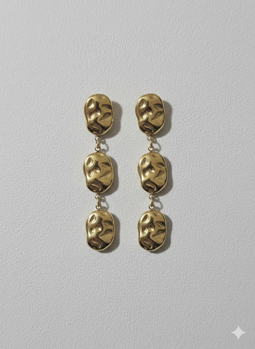 Stainless Steel Organic Hammered Triple Drop Earrings - Tarnish-Free Gold Dangles