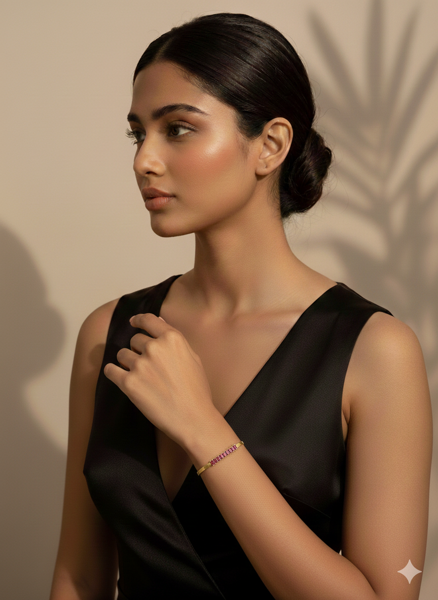 Deep Ruby Red Gemstone Herringbone Bracelet – 18K Gold Plated Stainless Steel – Elegant Red Baguette Crystal Flat Snake Chain