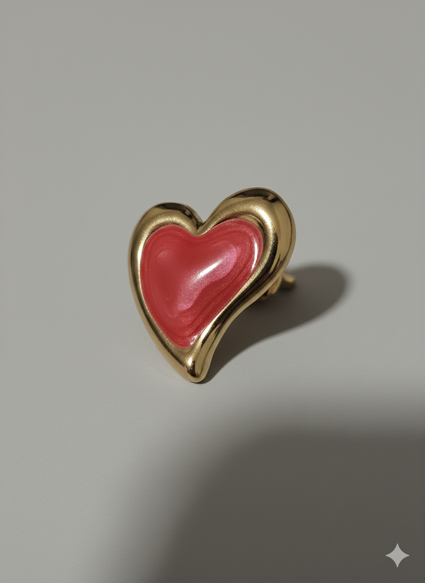 Enamel Heart Statement Studs – 18K Gold Plated Stainless Steel with Pink Gloss Finish