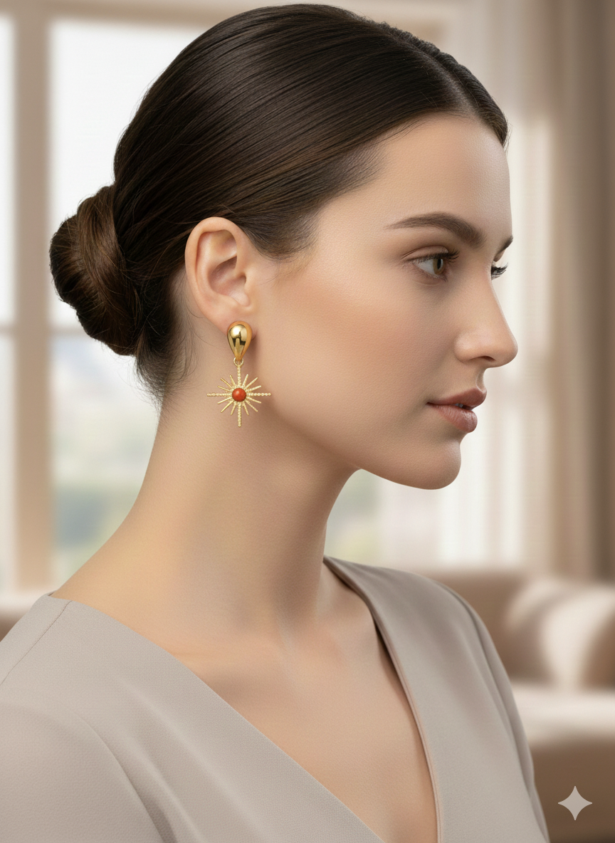 Vintage Celestial Sunburst Drop Earrings – 18K Gold Plated Stainless Steel with Red Jasper Detail – Boho Ethnic Statement Earrings