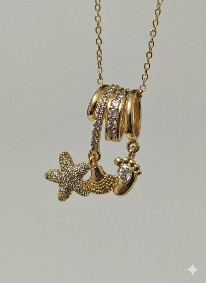 Stainless Steel Mother & Baby Charm Necklace - Gold Star & Baby Footprint