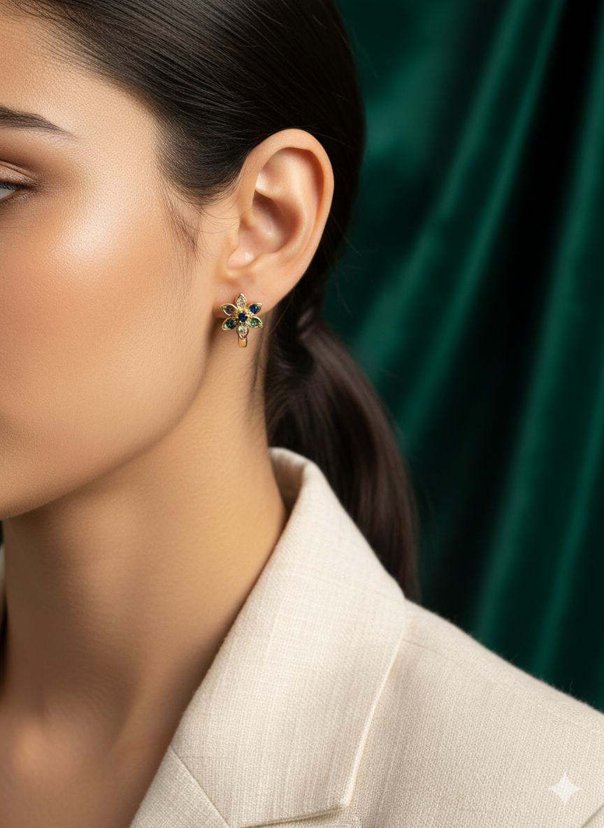 Multicolor Crystal Flower Earrings | Waterproof Stainless Steel Huggies