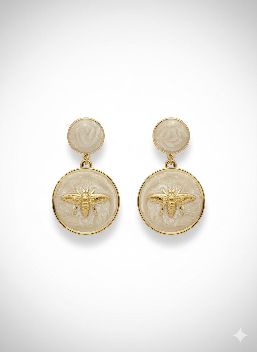 The "Queen Bee" Medallion Drop Earrings – 18K Gold Plated Stainless Steel with Lustrous Pearlescent Inlay