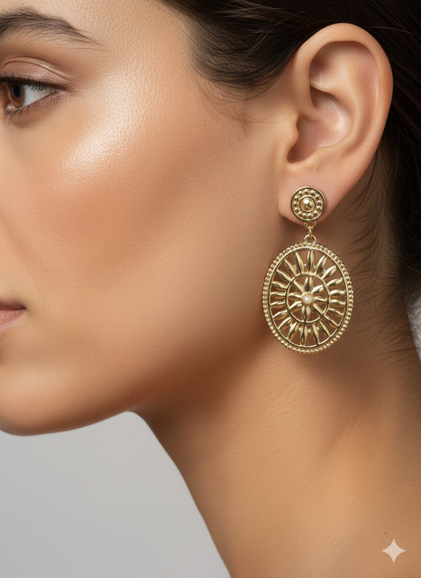 Vintage Gold Stainless Steel Sunburst Drop Earrings - Pearl Accent Jewelry