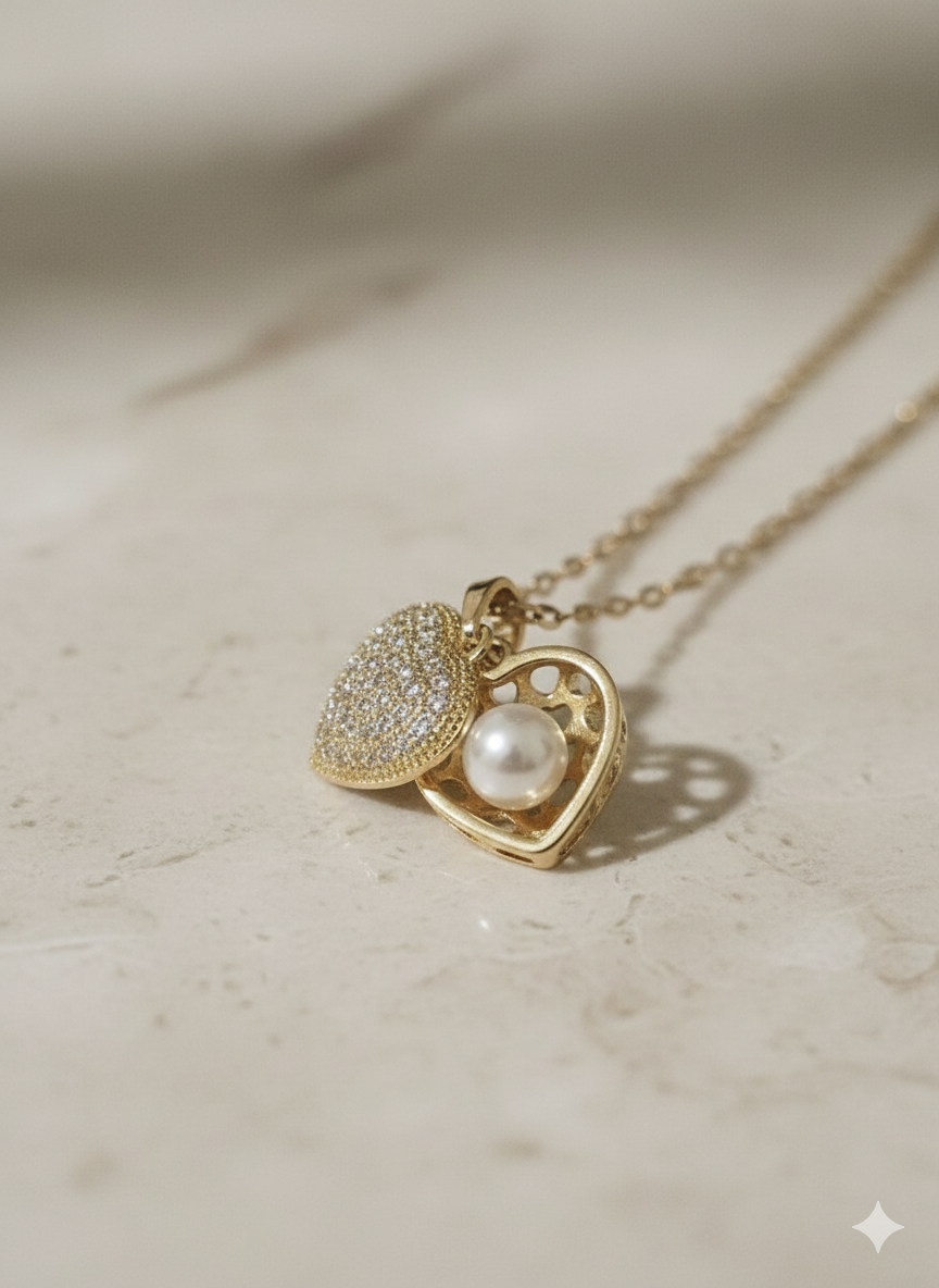 Luxury Stainless Steel Secret Pearl Heart Necklace - Sparkling Zirconia Locket