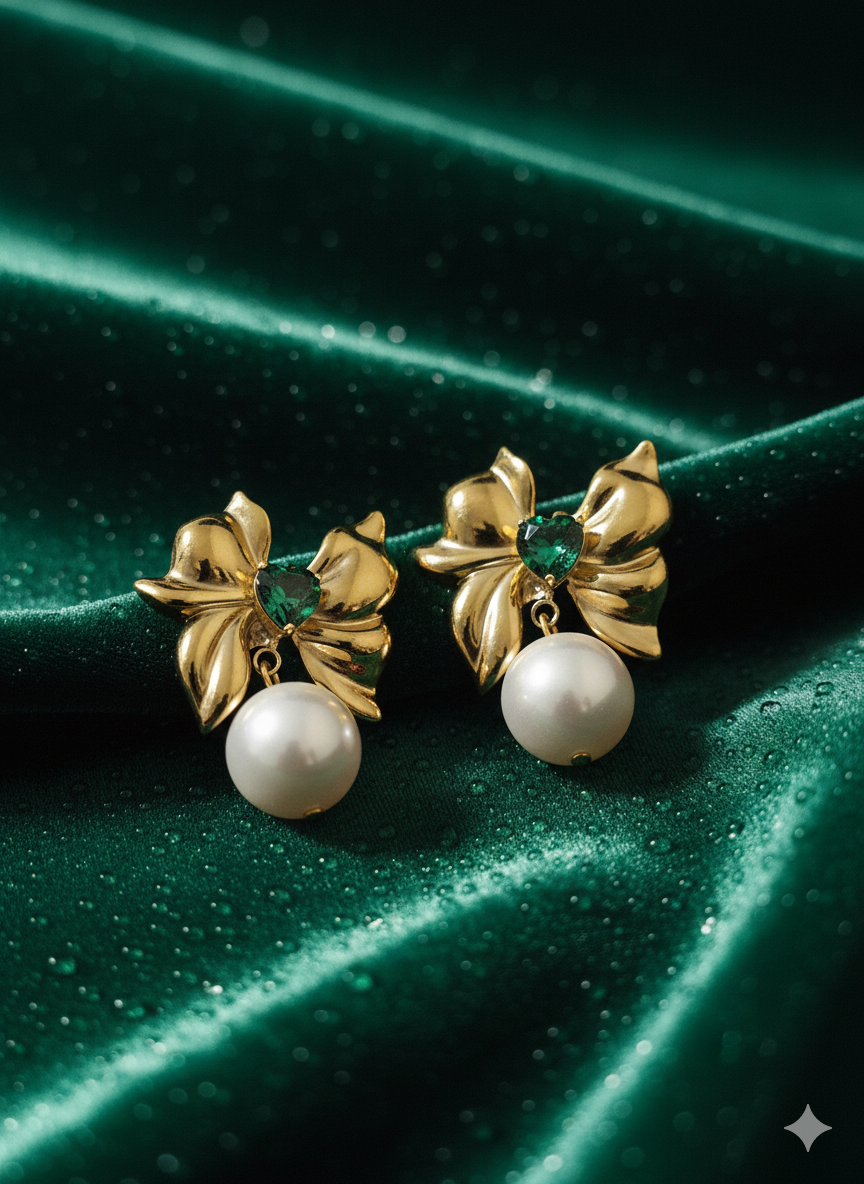 Romantic Emerald Heart & Pearl Bow Earrings | 18K Gold Plated Stainless Steel