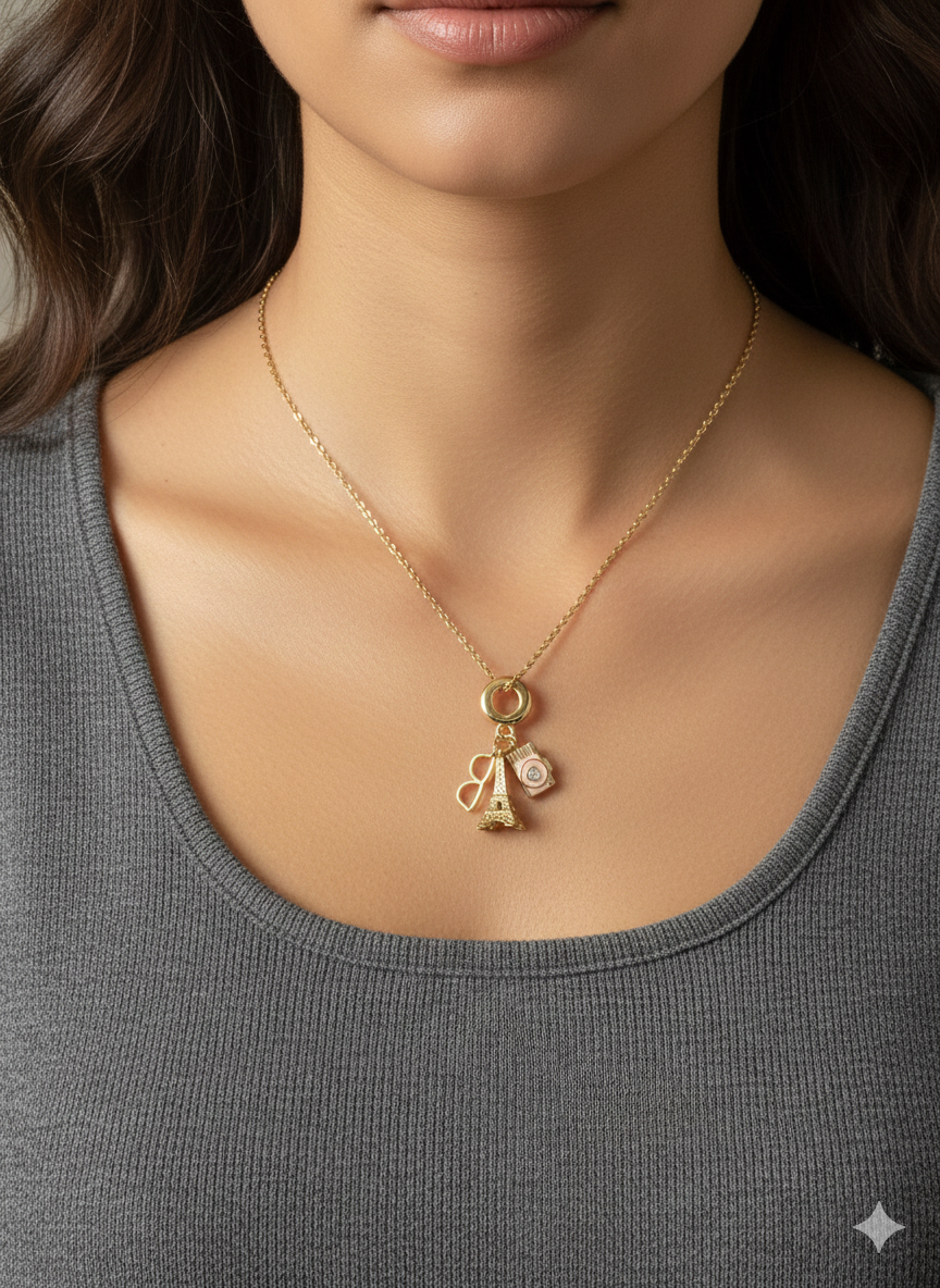 Chic Paris-Themed Gold Charm Necklace - Eiffel Tower, Camera & Sunglasses