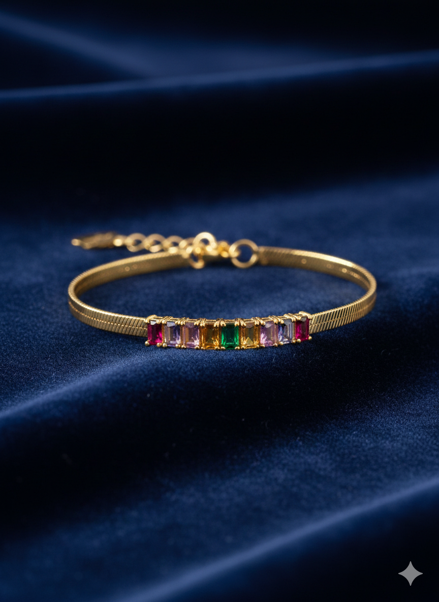 Rainbow Gemstone Herringbone Bracelet – 18K Gold Plated Stainless Steel – Multi-Colour Baget Crystal Flat Snake Chain Jewellery
