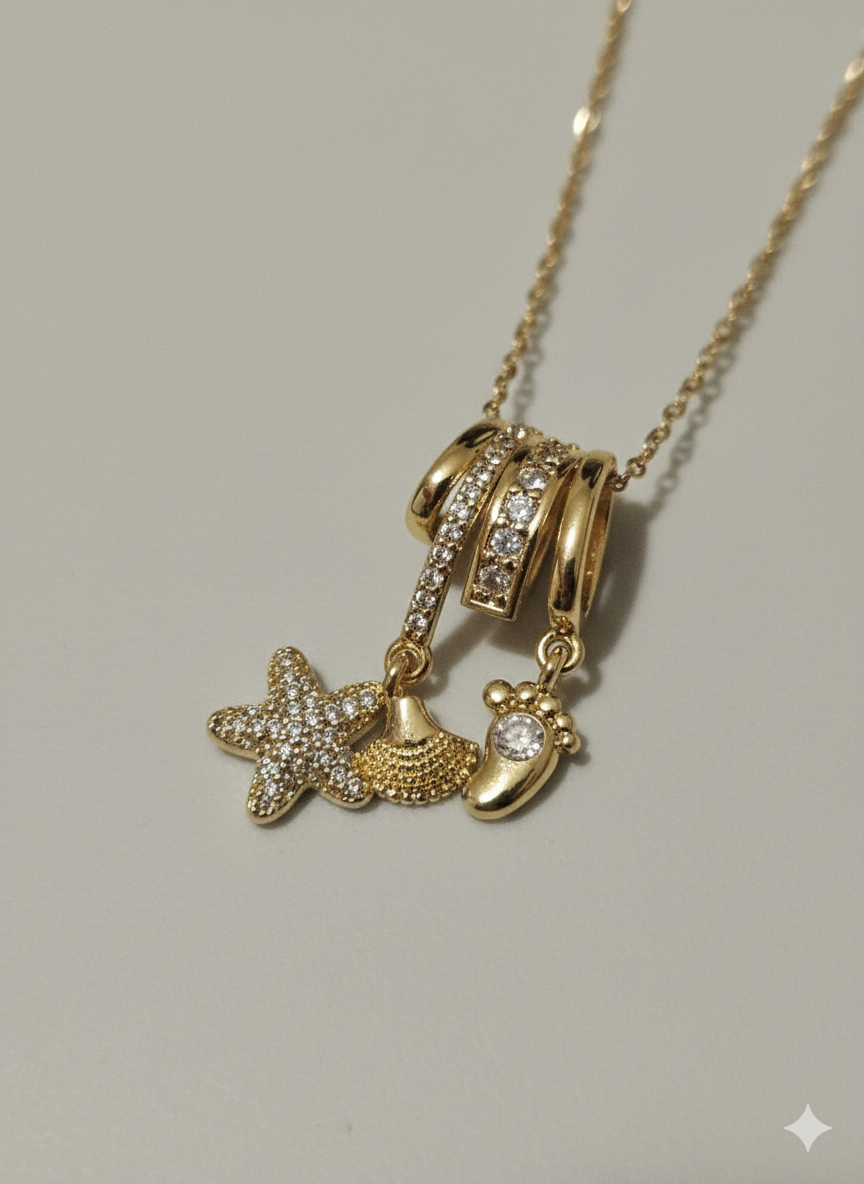 Stainless Steel Mother & Baby Charm Necklace - Gold Star & Baby Footprint