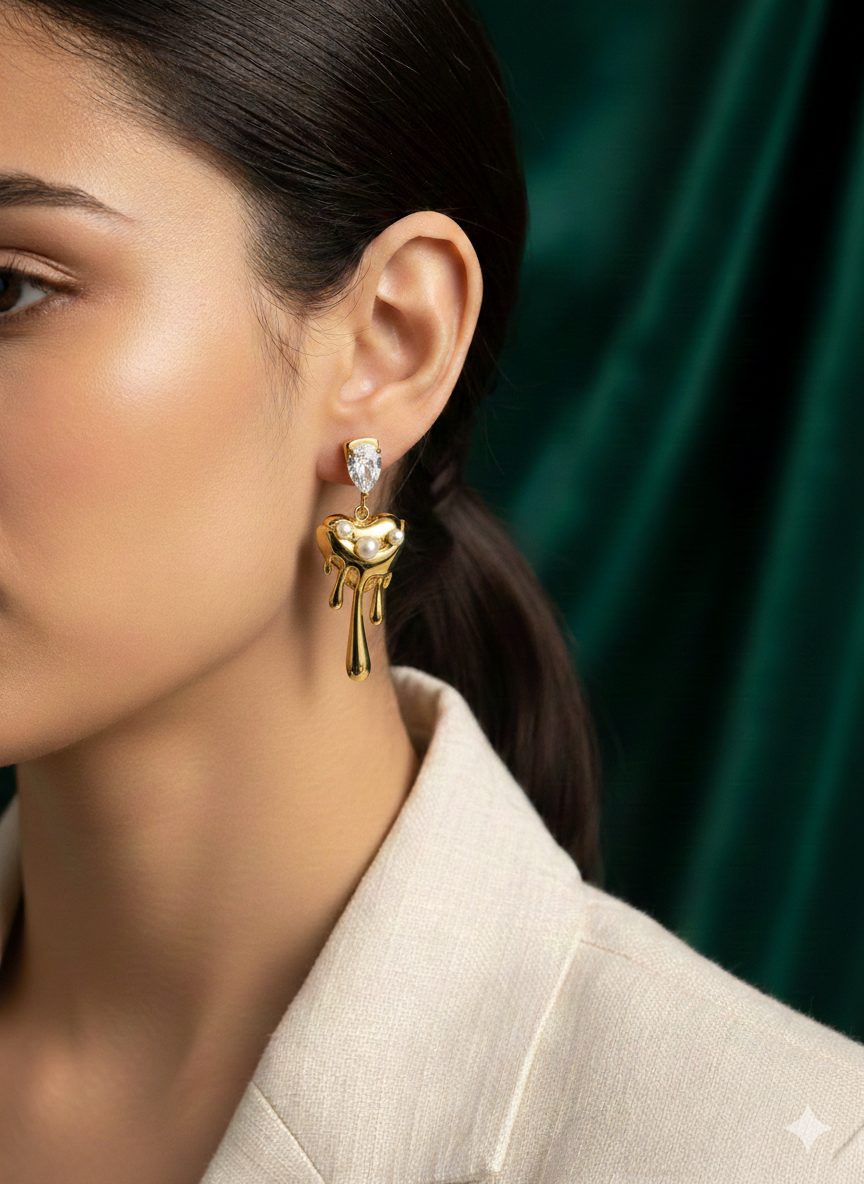 Golden Drip Pearl & Marquise Crystal Earrings | Premium Stainless Steel