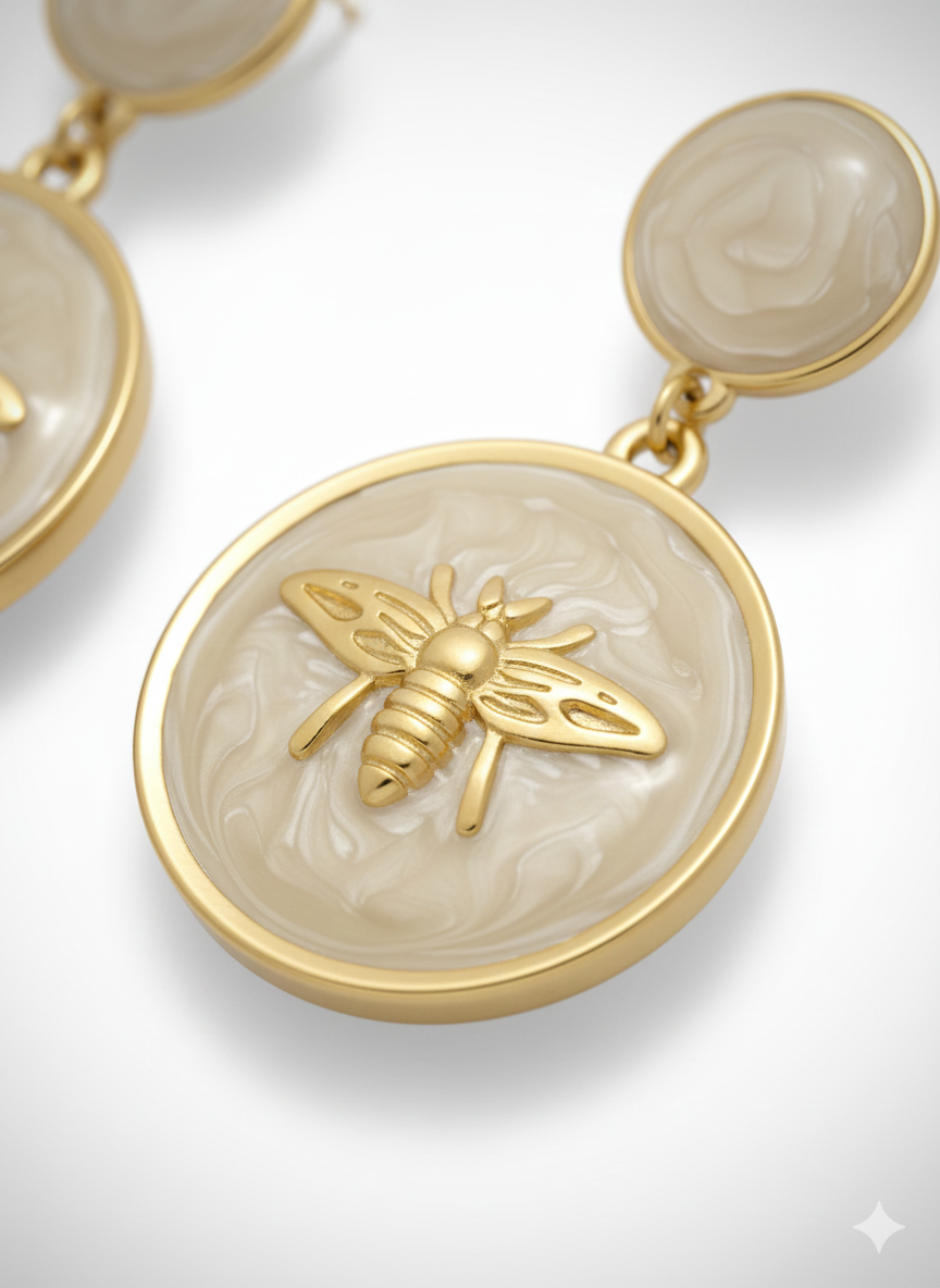 The "Queen Bee" Medallion Drop Earrings – 18K Gold Plated Stainless Steel with Lustrous Pearlescent Inlay