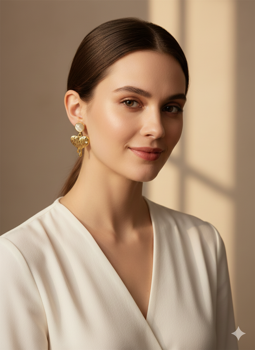 18K Gold Plated Vintage Textured Heart Drop Earrings with Cat-Eye Stones