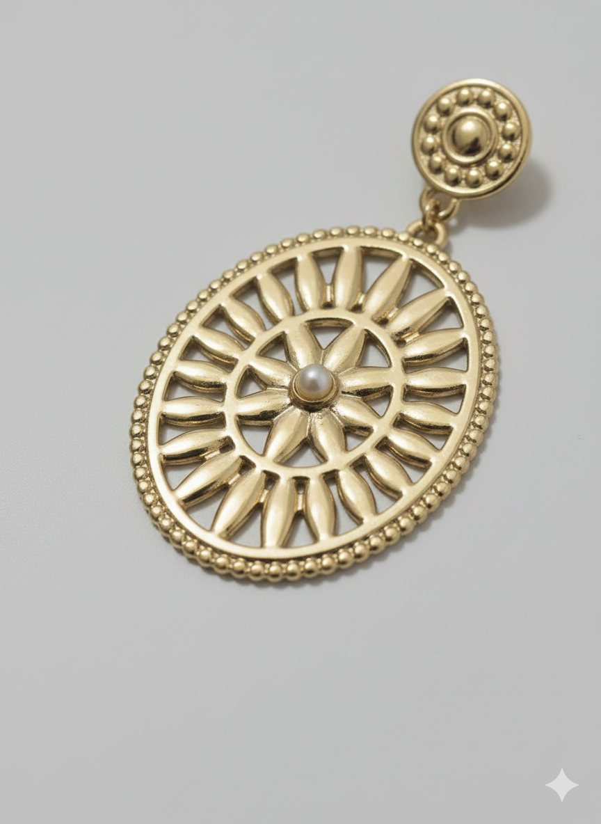 Vintage Gold Stainless Steel Sunburst Drop Earrings - Pearl Accent Jewelry