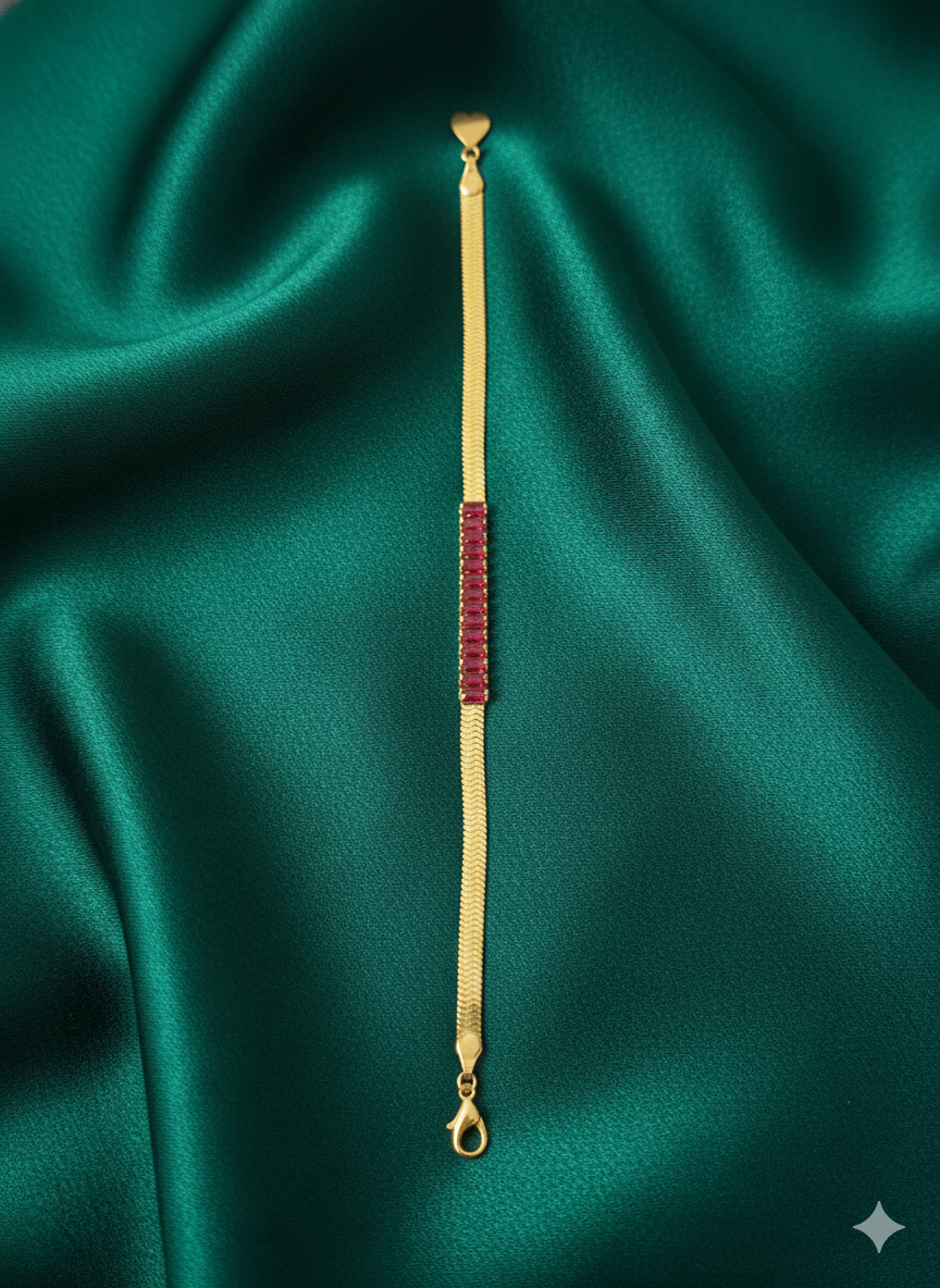 Deep Ruby Red Gemstone Herringbone Bracelet – 18K Gold Plated Stainless Steel – Elegant Red Baguette Crystal Flat Snake Chain