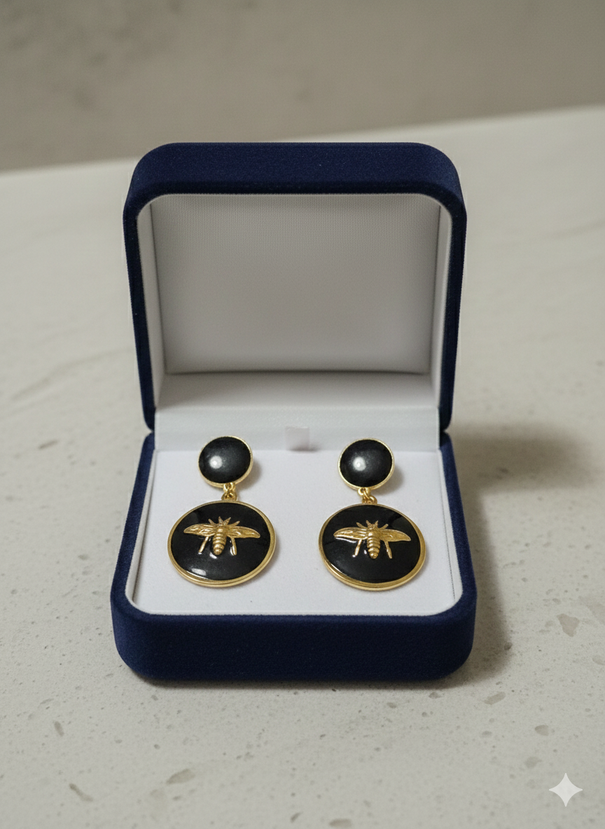 18K Gold Plated Vintage Statement Bee & Black Enamel Medallion Earrings